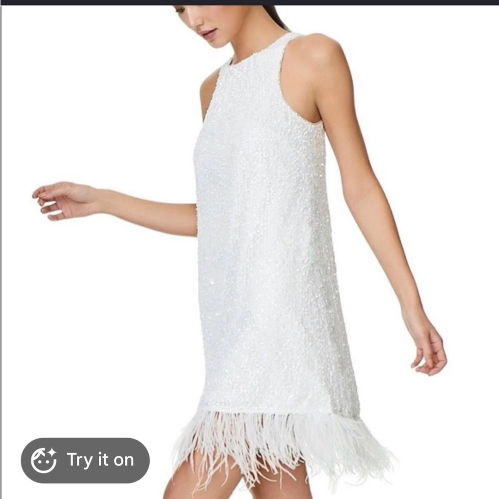 Aidan Mattox white sequin faux feather trim dress